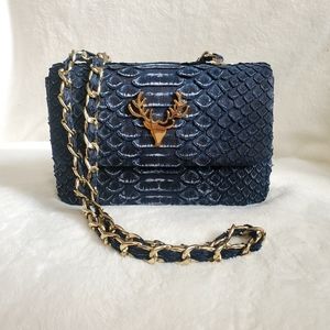 TAXIDERMY Luxury Charleston brand Python shoulder bag purse medium navy blue